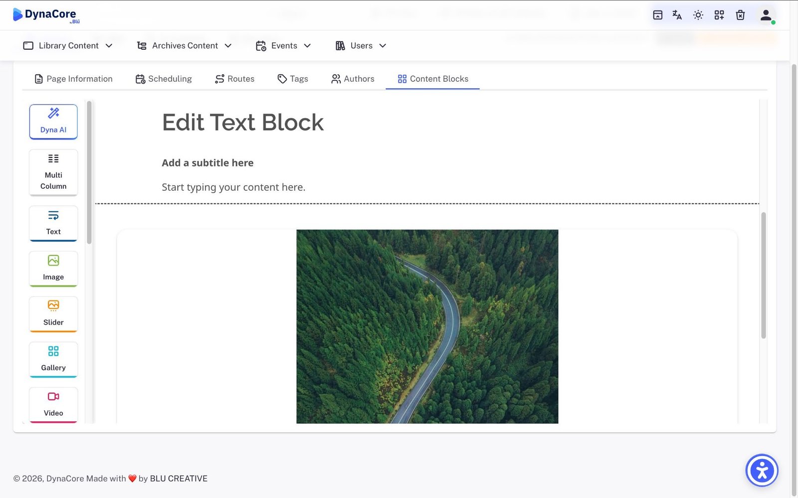 DynaCore content block editor with Dyna AI, multi-column, text, image, slider, gallery and video blocks