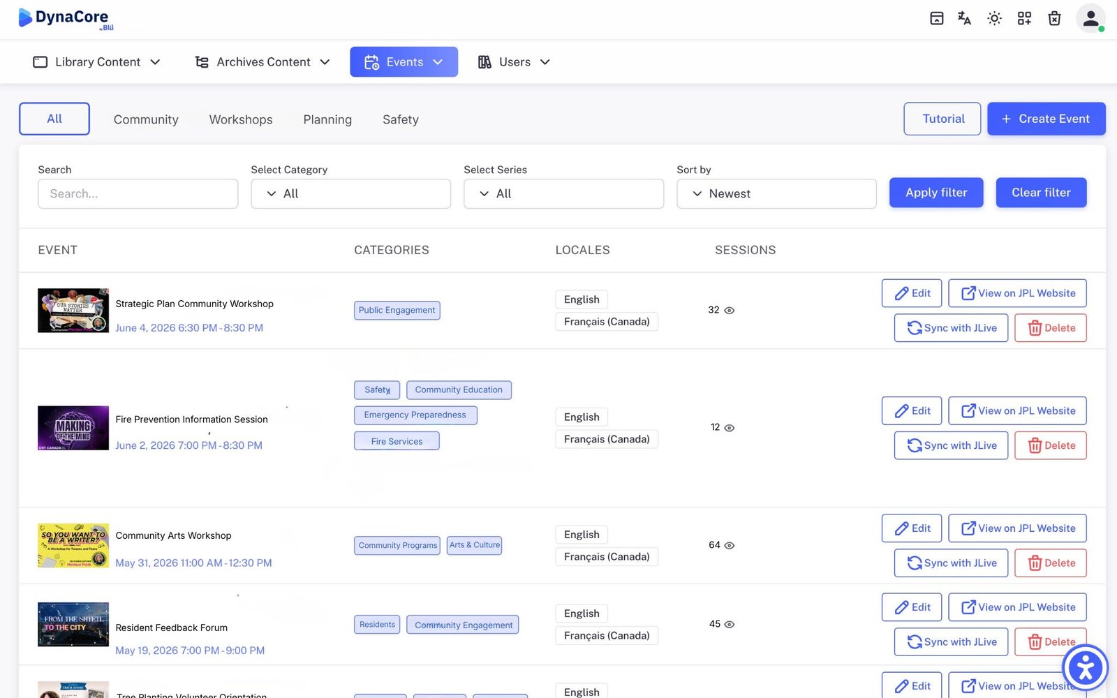 DynaCore events list with Sync with JLive and View on website actions